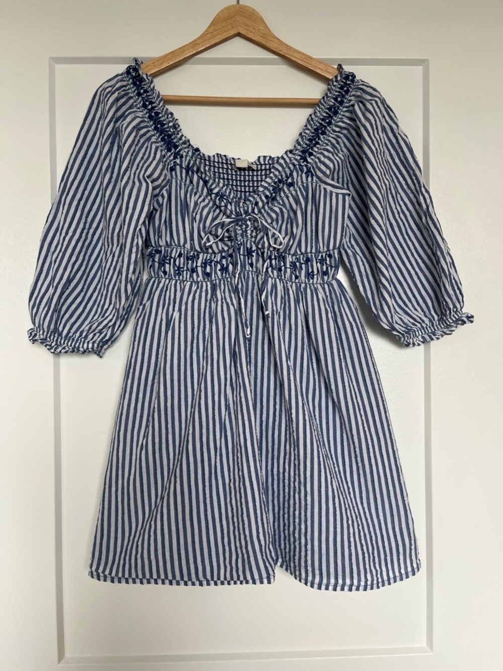American Eagle Blue Stripe Puff Sleeve Babydoll Dress XS Smocked Mini